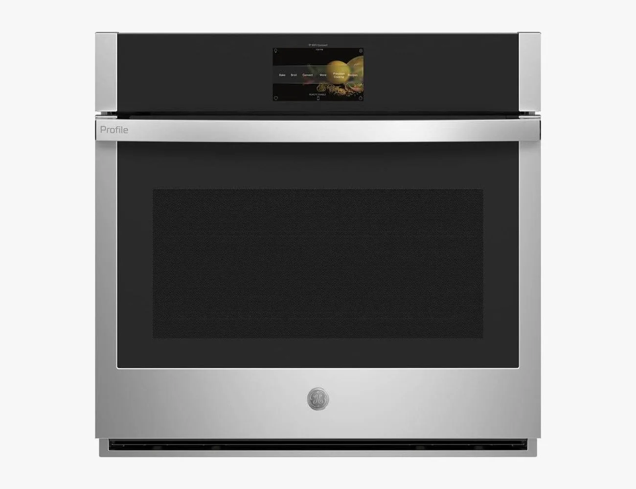 Built-in GE Profile stainless steel double wall oven seamlessly fitted into custom kitchen cabinetry