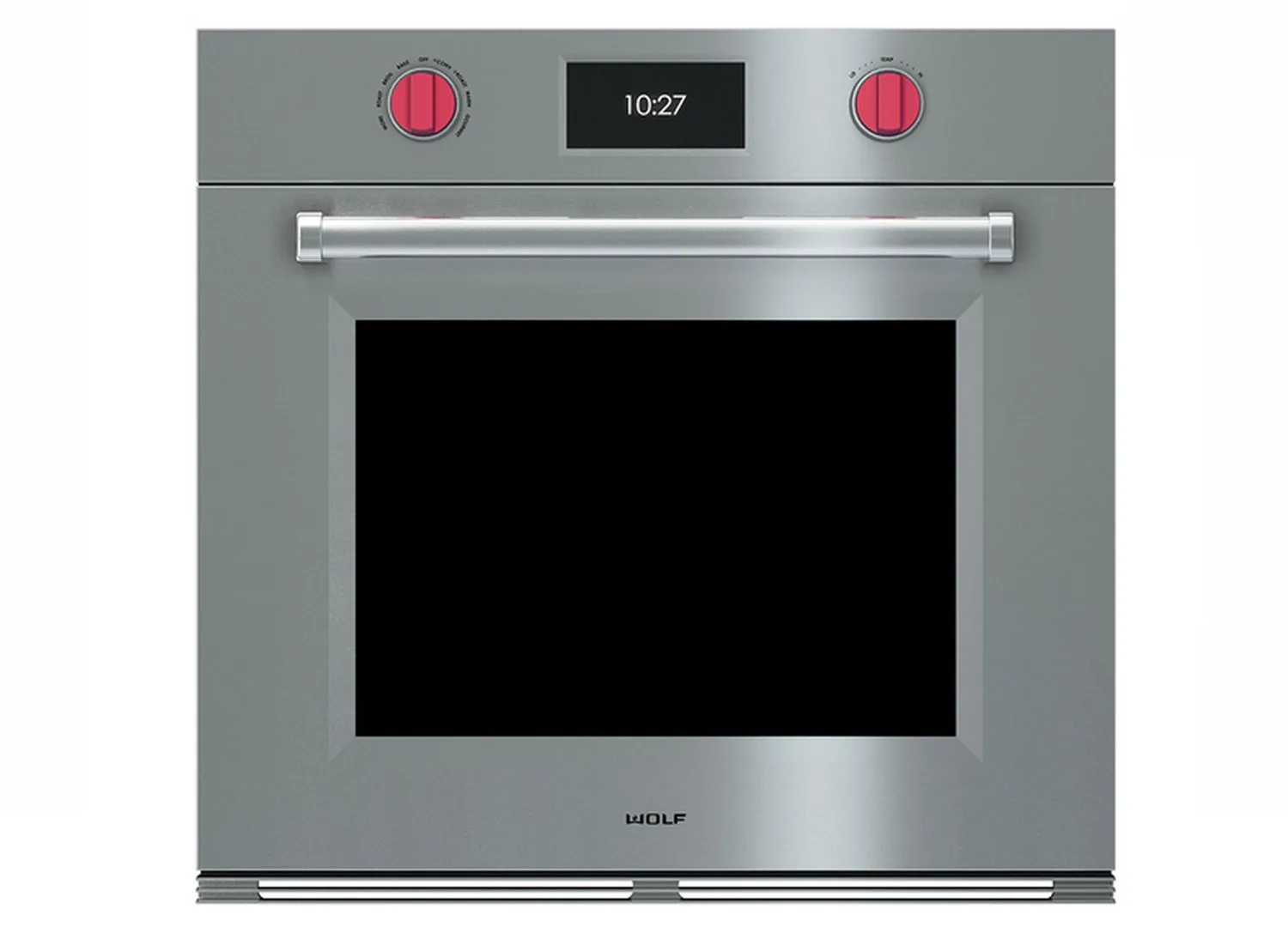 Wolf built-in wall oven with signature red control knobs prepared for professional diagnostic service